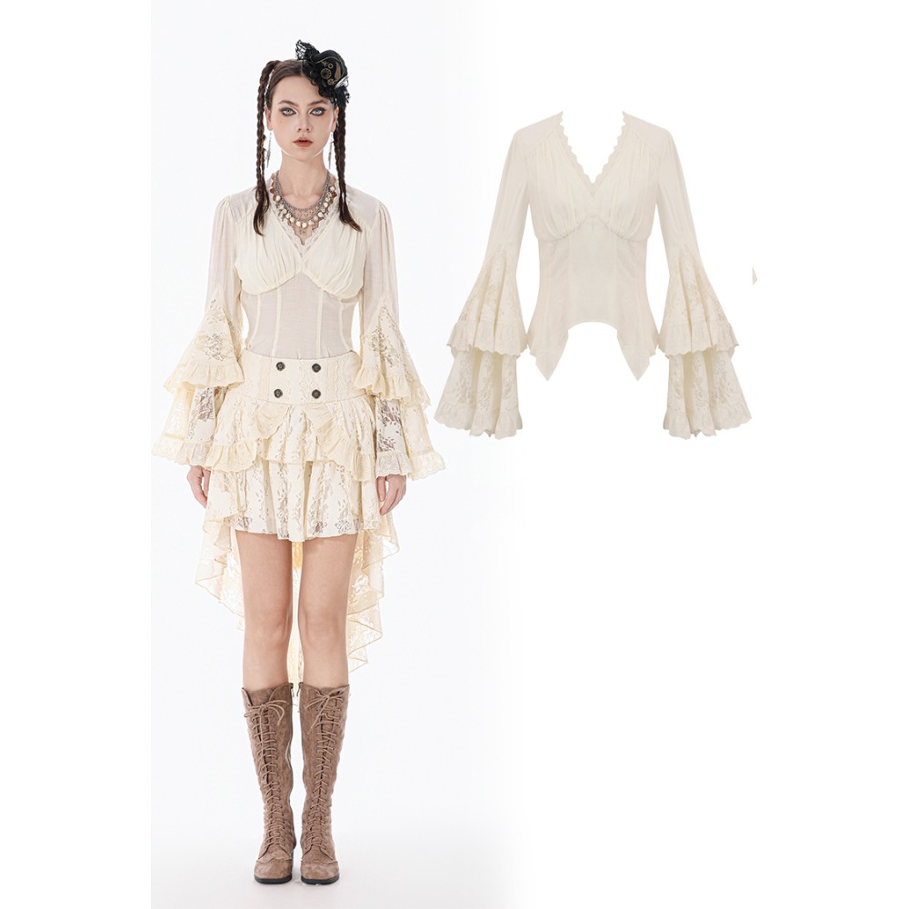 Dark in Love - Steampunk Lace FlareSleeve Longsleeve top - Creme